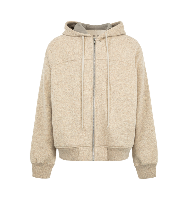 Image 1 of 3 - NEUTRAL - Rick Owens Men's Windbreaker Hoodie featuring heavyweight cotton jersey hoodie, drawstring at hood, press-stud at zip closure, seam pockets at front, rib-knit hem and cuffs, yoke sleeves, central seam at back and logo-engraved silver-tone hardware. 100% cotton. Made in Italy. 