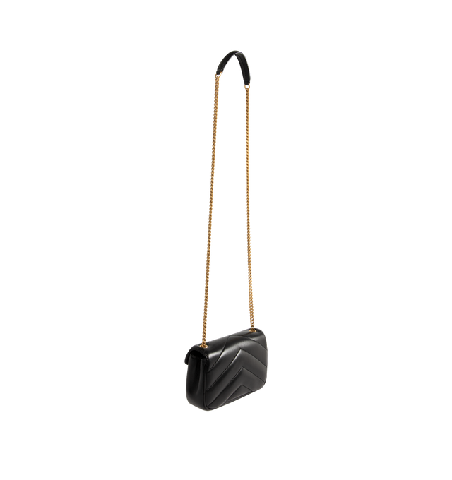 Image 2 of 3 - BLACK - SAINT LAURENT Mini Loulou Chain Bag in lambskin featuring iconic chevron-quilted topstitching, removable leather pouch, leather and chain strap for crossbody carry, leather lining, bronze-toned hardware, magnetic snap closure and one flap pocket. 7.9" x 4.7" x 2". Lambskin. Made in Italy. 