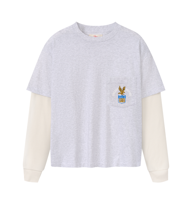 Image 1 of 7 - GREY - Cherry LA Men's Motors Layered Thermal T-Shirt is crafted from a poly-cotton blend and features a boxy-fit silhouette with custom layered thermal sleeves. Designed with a chest pocket, screen-printed graphics at the chest and back, and a relaxed everyday fit, this style combines vintage-inspired layering details with Cherry LA's signature graphic aesthetic. Main Material: Poly-Cotton Blend. Made in Los Angeles, California. 