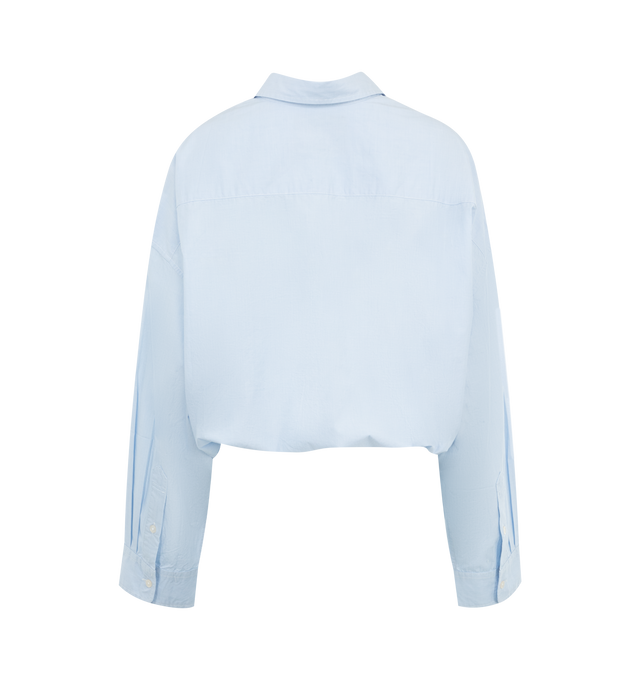 Image 2 of 2 - BLUE - R13 Crossover bubble shirt, a twist on the classic dress shirt featuring an elastic band at the hem and crossed-over plackets, classic collar and long sleeves. Button-up style, buttons are not designed to open/close along the plackets. Acetate. 