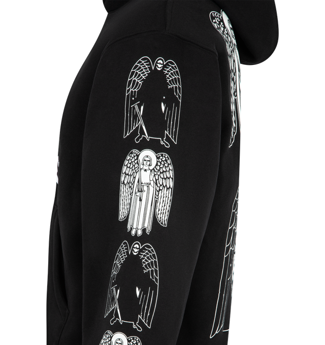 Image 3 of 3 - BLACK - PLEASURES Angel Demon Hoodie featuring attached hood, pullover style, long sleeves with ribbed cuffs, kangaroo pocket, logo at chest, angel and demon prints on sleeves and back and ribbed cuffs. 54% polyester, 46% cotton. 
