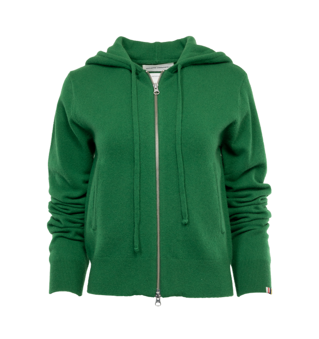 GREEN - EXTREME CASHMERE Hood Zip Sweater featuring knitted construction, drawstring hood, long sleeves, ribbed cuffs and hem, signature embroidered-detail to the cuff, two side welt pockets and front two-way zip fastening.