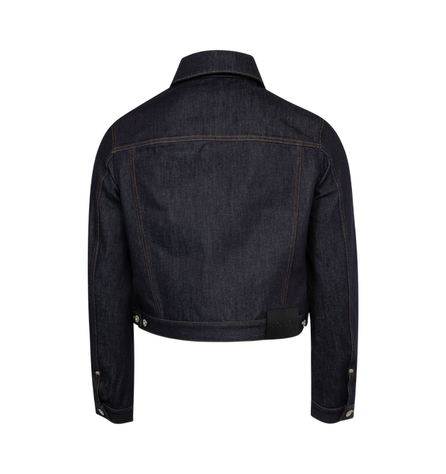 BLUE - LOEWE Trucker Jacket featuring small fit, short length, classic collar, buttoned cuffs, button front fastening, buttoned chest flap pockets, welt pockets, tobacco topstitching and LOEWE embossed leather patch placed at the back. 100% cotton. Made in Italy.