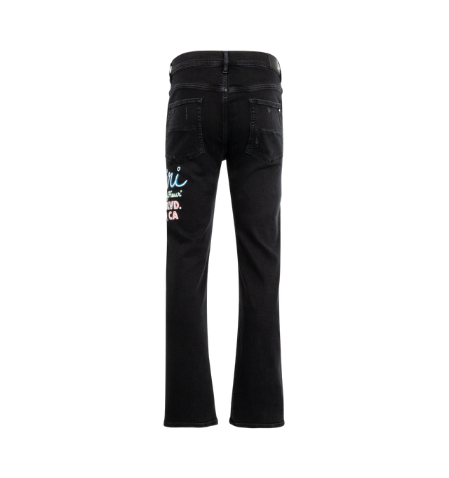 Image 2 of 4 - BLACK - AMIRI Nean Lights Slim Jeans featuring belt loops, five-pocket styling, button fly, logo appliqu at outseam, logo patch at back waistband and flared hem. 98% cotton, 2% elastane. Made in United States. 