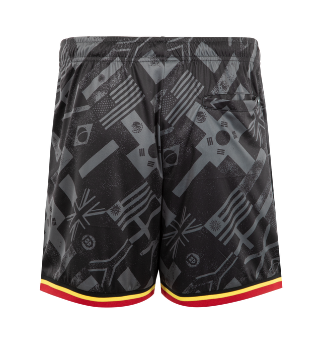 Image 2 of 4 - BLACK - MARKET SMILEY International Flags Soccer Shorts featuring elastic waistband, adjustable interior drawcord, side pockets, back pocket, ribbed leg trim, all-over printed pattern, crest logo patch on front left leg and Smiley patch on front right leg. 100% polyester. 