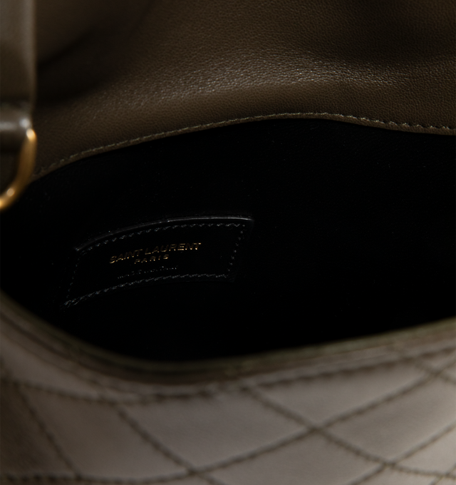 Image 3 of 3 - GREEN - SAINT LAURENT Gaby Top Handle Bucket Bag with flap top with magnetic closure, decorated with Cassandre and diamond-quilted overstitching. Features a rotating leather top handle and detachable leather and chain strap designed for shoulder or cross-body carry. Lambskin leather with bronze-tone hardware. Measures 7.5" X 6.7" X 5.9" with strap drop 22.8". Made in Italy.  