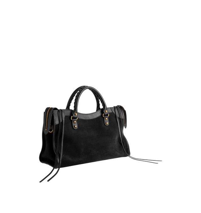 Image 2 of 4 - BLACK - BALENCIAGA Le City Bag Medium featuring suede calfskin and smooth calfskin, two hand-braided handles with waxed cord, removable and adjustable strap with shoulder pad, aged-gold hardware, double-sided zip with long tails and knotted leather puller, rront zipped pocket with knotted leather puller, 1 inner zipped pocket, 1 removable mirror, tone-on-tone Balenciaga logo debossed on mirror and cotton canvas lining. Calfskin, cotton, plexiglass. Made in Italy. 