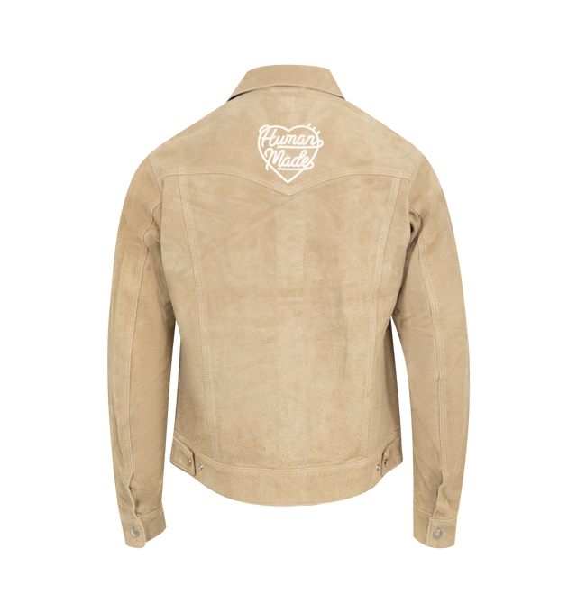 Image 2 of 2 - NEUTRAL - Human Made Suede leather jacket with "The future is in the past" text graphics on the beige-colored body. Classic collar, snap front closure, front flap pocket with snap closure. MATERIAL: Bovine Hide. 