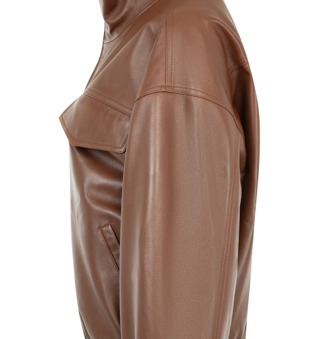 Image 3 of 3 - BROWN - BALENCIAGA High Collar Blouson featuring smooth light lambskin, high stand collar, front two-way zip closure, 2 snap-flap chest pockets, 2 side pockets, elasticated trims and debossed Balenciaga logo at the upper black. Lambskin. Lining: 100% viscose. Made in Italy. 