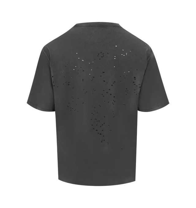 Image 2 of 3 - AGED BLACK SAB - SATISFY MothTech T-Shirt featuring short sleeves, crew neck, weathered with each hole that is laser-cut and hand-opened to creating airflow, logo in puffy ink, stealth-reflective SATISFY logo and fully detachable care label on the outside. 100% cotton. 