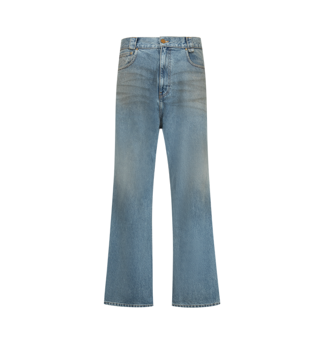 Image 1 of 3 - BLUE - Willy Chavarria Men's Flared Denim Jean is crafted from washed cotton denim and features a relaxed fit through the hip and thigh with a wide, slightly flared leg that creates an elongated silhouette. Designed with an intentional dirty finish, this designer jean is detailed with a branded gold-tone button closure, key loop, signature W belt loop at the back, and a branded leather patch. Main Material: 100% Cotton. Made in USA. 