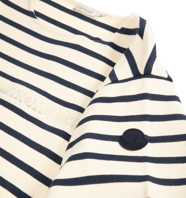 Image 2 of 2 - MULTI - MONCLER Macram-Trimmed Striped Cotton T-Shirt featuring boat neckline, short sleeves, logo macram detail and logo patch. 100% cotton. 