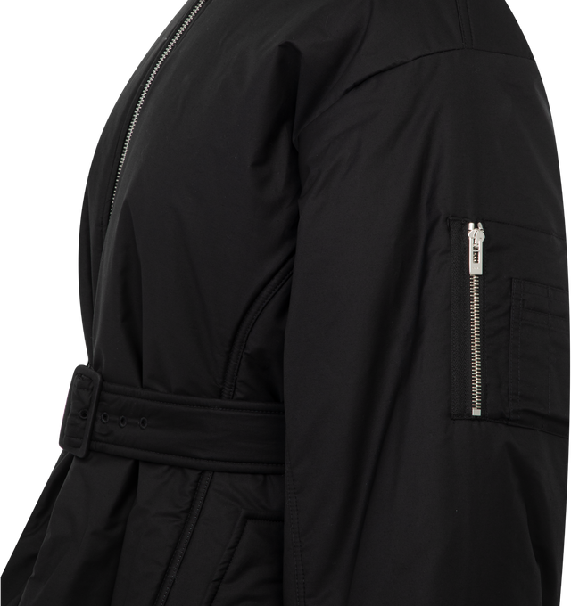 Image 3 of 3 - BLACK - Alaia Belted Bomber has a stand collar with a fit and flare silhouette, a removable belt, a 2-way zip front closure, front zipper pockets, double topstitching, and ribbed trims. Lined. Exterior 88% cotton, 12% polyamide. Made in Italy.  