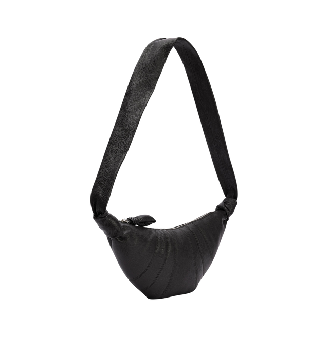 Image 2 of 3 - BLACK - LEMAIRE Small Croissant Bag featuring side knot finishings, embossed logo inside, lining in cotton canvas, metal looped zip puller, small interior patch pocket and main compartment.  14 in x 6 in x 2 in. 100% lamb. Made in Spain. 