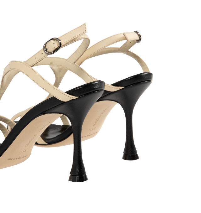 Image 3 of 4 - WHITE - Manolo Blahnik Betgieb Cream and Black Nappa Leather Strappy Sandals featuring open toe, cream leather straps with ankle strap closure and flared high heel. Upper: 100% lamb nappa. Sole: 100% calf leather. Lining: 100% kid leather.Heel measures 90 mm. Made in Italy. 