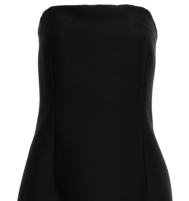 Image 3 of 3 - BLACK - THE ROW Ward Dress featuring ankle-length strapless dress in crisp wool silk with fitted silhouette, internal silk bustier, and center back slit detail. 82% wool, 18% silk. Silk lining. Made in Italy. 