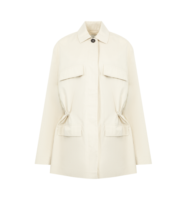 Image 1 of 3 - WHITE - TOTEME Collared Drawstring Jacket featuring utility jacket with an oversized fit, rounded, dropped shoulders, unlined cotton twill, front flap pockets, a concealed placket with top button visible and internal drawstring. 60% organic cotton, 40% recycled polyamide. 
