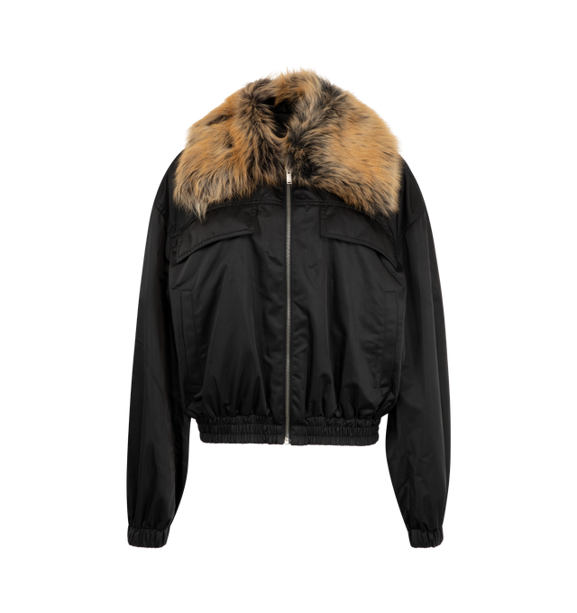 Image 1 of 3 - BLACK - Saint Laurent Womens Blouson Jacket is crafted from technical fabric with a detachable shearling collar. Features a relaxed fit, front zip closure, slit pockets, snap-button pockets, elasticized cuffs, antique silver-tone hardware, and cotton-blend lining. Main Material: 100% Polyester; Trim: 100% Calf Hair; Lining: 97% Cotton, 3% Elastane. Made in Italy. 