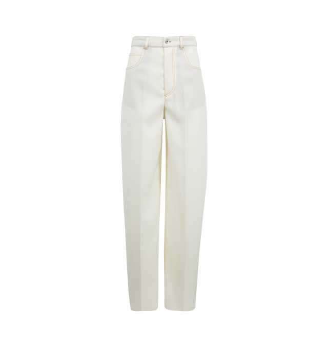 Image 1 of 3 - WHITE - BOTTEGA VENETA Wide Leg Trousers featuring a suede intrecciato patch, wide leg, button closure and 4 pocket styling. Made in Italy. 