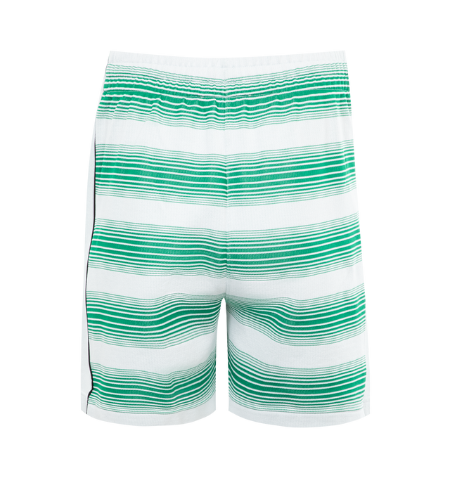 Image 2 of 3 - GREEN - CASABLANCA Stripe Sweat Shorts featuring diamond logo on the left leg, elasticated waistband, drawstring fastening, side pockets and white side panels. 77% cotton 23% polyester. 