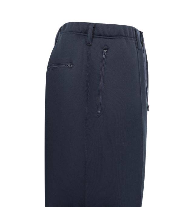Image 3 of 3 - NAVY - ENGINEERED GARMENTS Knit Leisure Pant featuring soft cotton fleece, relaxed, gently tapered silhouette, an elasticated waistband with a drawcord, zippered front pockets and drawstrings at the hem. 100% polyester. Made in USA. 