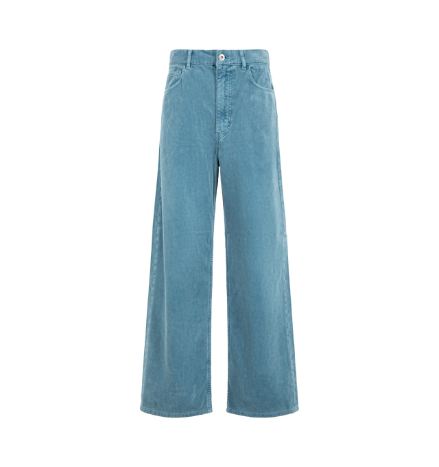 Image 1 of 3 - BLUE - Auralee Women's Garment-Dyed Finx Corduroy 5-Pocket Wide Pants are crafted from premium Egyptian Finx cotton corduroy and feature a wide-fit silhouette, a straight-leg cut, and classic five-pocket styling. Designed to showcase the exceptional softness and smooth texture of Finx extra-long staple cotton, the fabric retains its refined hand and luxurious appearance even after garment dyeing, while developing rich depth and character through the finishing process. Main Material: 100% Cott 