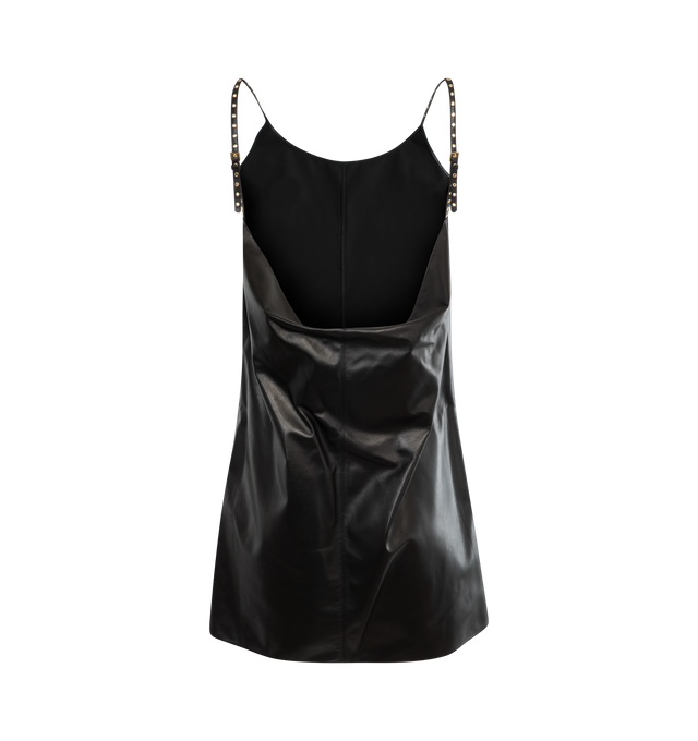 Image 2 of 3 - BLACK - ALAIA Nuisette Dress featuring a-line silhouette, scoop neckline, open back, spaghetti straps with embellished eyelets, mini length and made from glossy leather. 100% lambskin. Lining: 100% cupro. Made in Italy. 