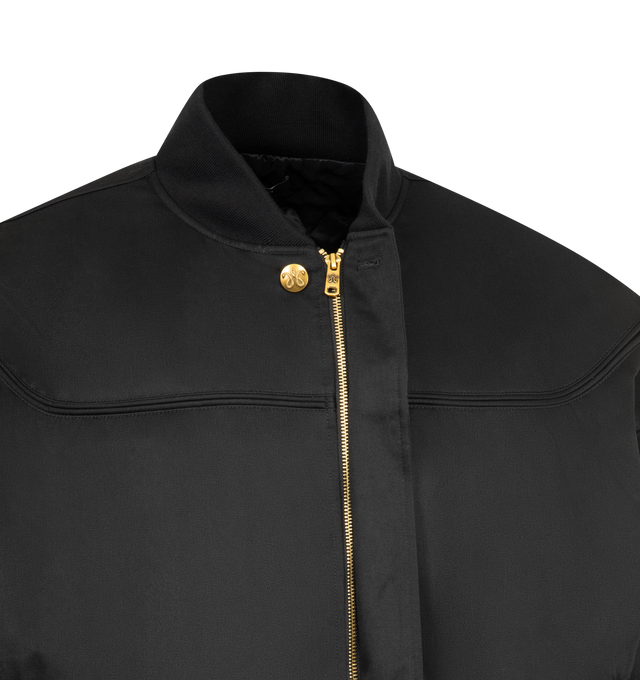 Image 4 of 4 - BLACK - WILLY CHAVARRIA Gas Station Oversized Cotton Blend Bomber Jacket featuring concealed zip fastening at front, flat collar, long sleeves, two welt pockets at front, all-over binding detailing, branded hardware, ribbed trims and all-over internal padding. 65% polyester, 35% cotton. Lining 100% viscose. Made in Italy. 