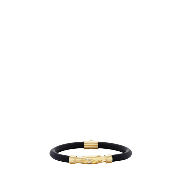 Image 2 of 3 - GOLD - Uniform Object Carbon Bracelet featuring 13 g of 18K yellow gold with a 5 mm round diamond (0.52 TCW) and round diamond accents. Handcrafted in New York City. Features an Italian-made hypoallergenic rubber band designed for comfort and durability. Hirshleifers offers a range of pieces from this collection in-store. For personal consultation and detailed information about jewelry, please contact our dedicated stylist team at personalshopping@hirshleifers.com. 