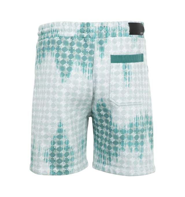 Image 2 of 3 - BLUE - AMIRI MA Quad Bleached Shorts featuring logo pattern printed throughout, drawstring at elasticized waistband, two side pocket and one back pocket. 100% cotton. Made in Italy. 