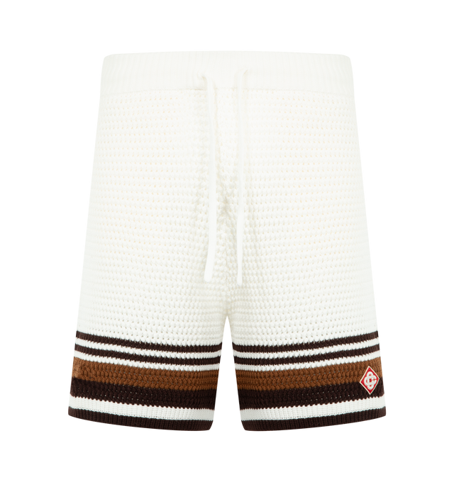 Image 1 of 3 - BROWN - Casablanca Men's Tennis Stripe Crochet Shorts featuring the house's diamond logo patch and tennis stripe detail. Completed with an elasticised waistband, drawstring fastening, and in-seam side pockets in a relaxed silhouette. Designed to be worn with the coordinating crochet shirt. 100% cotton. Made in Malaysia. 