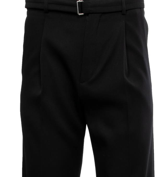 Image 4 of 4 - BLACK - LANVIN LAB X FUTURE Wide Leg Trousers featuring belt loops, removable cinch-belt at waistband, pleats at waistband, four-pocket styling, zip-fly, crease at front legs, unfinished hem, partial plain-woven lining and logo-engraved horn hardware. 100% virgin wool. Lining: 100% viscose. Made in Italy. 