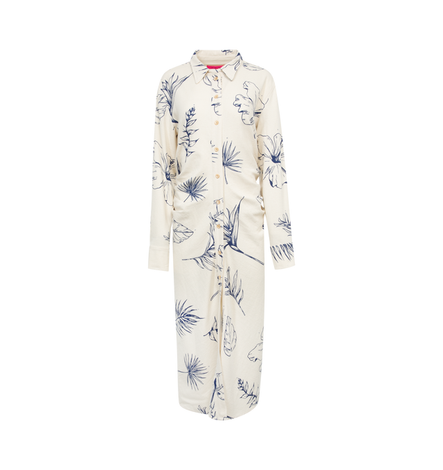 Image 1 of 2 - WHITE - THE ELDER STATESMAN Botanic Shirt Dress featuring all over floral screen print, belt and button closure, long sleeves, midi length and collar. 55% cotton, 45% silk.  