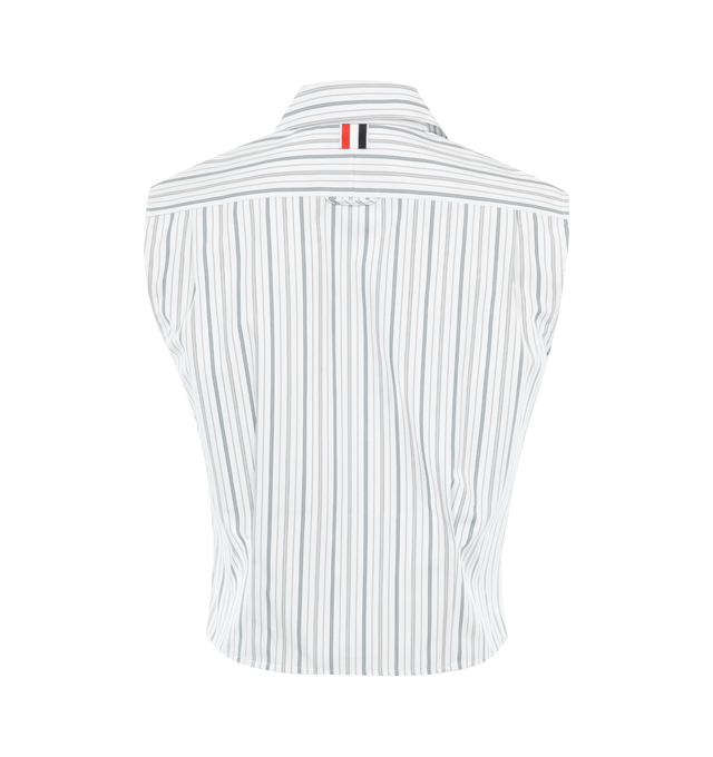Image 2 of 2 - WHITE - THOM BROWNE Striped Sleeveless Poplin Shirt featuring vertical stripe pattern, classic collar, front button fastening, sleeveless, RWB stripe, straight hem and cropped fit. 100% cotton.  