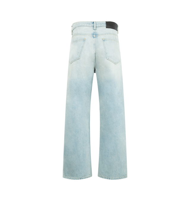 Image 2 of 3 - BLUE - NAHMIAS Light Wash Baggy Jeans featuring 5 pocket styling, baggy fit, button closure and leather patch on back. 100% cotton.  