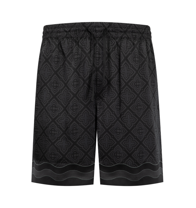 Image 1 of 3 - BLACK - Casablanca Men's Silk Shorts are crafted from luxurious silk and feature a relaxed silhouette with an elasticated drawstring waistband and side pockets for effortless comfort. These designer shorts combine exceptional craftsmanship with Casablanca's signature luxury resort aesthetic, offering a lightweight feel and fluid drape for elevated warm-weather styling. Main Material: 100% Silk. 