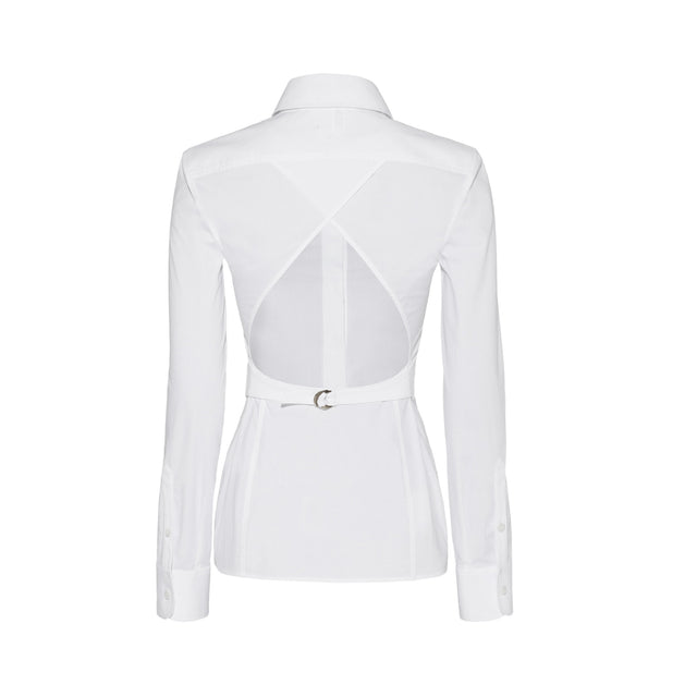 Image 2 of 3 - WHITE - JACQUEMUS Open Back Shirt featuring fitted shape, cotton poplin, pointed collar, asymmetric J shaped chest pocket, buttoned cuffs, J locker loop, back yoke, triangular open back, integrated buckled belt and metal ring and studs. 100% cotton. Made in Bulgaria. 