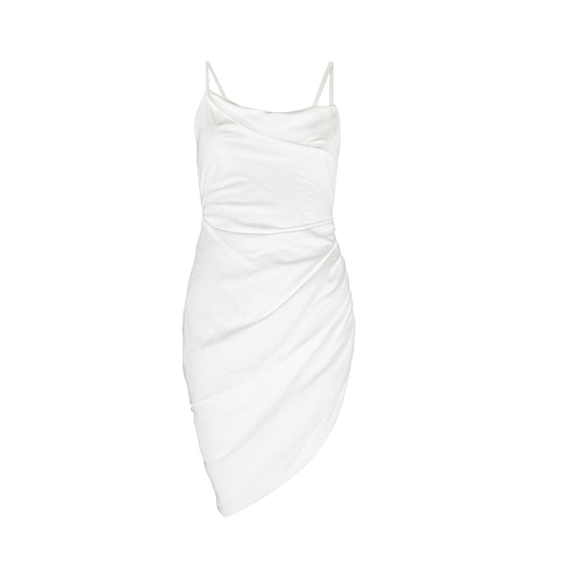 Image 1 of 1 - WHITE - JACQUEMUS La Robe Saudade Minidress featuring fully draped, cowl neck, rear buckle fastening, backless, spaghetti straps, asymmetric hem and thigh-length. 97% cotton, 3% elastane. 