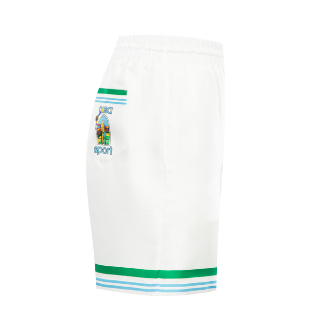 Image 3 of 3 - WHITE - CASABLANCA Silk Shirt featuring short length, elasticated waistband, drawstring fastening, stripe design, back pocket and tonal stitching. 100% silk. 