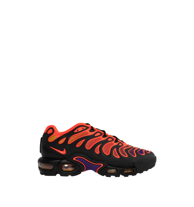 BLACK - Nike Air Max Plus Drift in Black, Field Purple, Laser Orange and Bright Crimson. Featuring Laser Orange trim, Black TPU cage, breathable mesh upper,  rubber outsole, black foam midsole, and Air-sole cushioning in the forefoot and heel. An oversized shank plate, borrowed from the original Air Max Plus, provides midfoot stability.