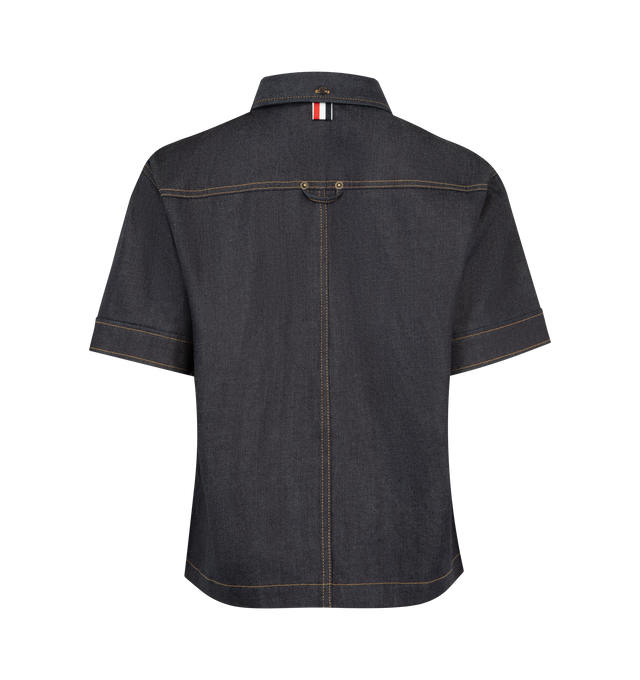 Image 2 of 3 - NAVY - THOM BROWNE Japanese Selvedge Denim Button Down Shirt featuring a structured short-sleeve shirt with front button placket, chest patch pockets, contrast stitching, crafted in Japanese selvedge denim, button-down point collar and elbow-length sleeves. 100% cotton. Made in Italy. 