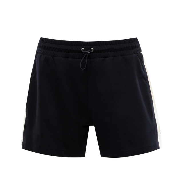 Image 1 of 3 - NAVY - MONCLER Jersey Shorts featuring poplin insert, elastic waistband with drawstring fastening and logo. 100% cotton. 