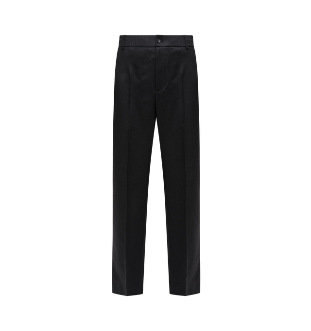 Image 1 of 1 - BLACK - Moncler Men's Virgin Wool Trousers are crafted from virgin wool and feature a mid-rise silhouette, belt loops, and a zip fly with button closure. Designed with two side pockets, two back button pockets, and logo patch embroidery at the back, these versatile trousers combine classic tailoring with understated Moncler detailing. Main Material: 100% Virgin Wool. 