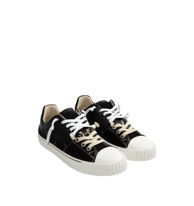 Image 2 of 5 - BLACK - Maison Margiela New Evolution Sneakers are a lace-up style with calfskin, suede, and canvas details, chunky rubber soles, a logo label tag, and contrast stitching. Made in Italy.  