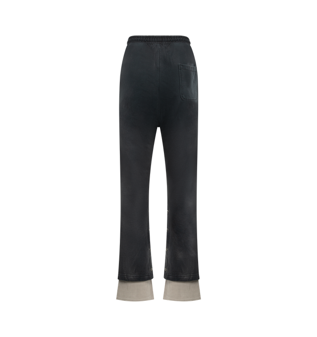 Image 2 of 4 - BLACK - SATOSHI NAKAMOTO Holy Ghost Layered Sweatpants featuring cotton fleece sweatpants, fading and distressing throughout, drawstring at elasticized waistband, three-pocket styling and two layers. 100% cotton. 