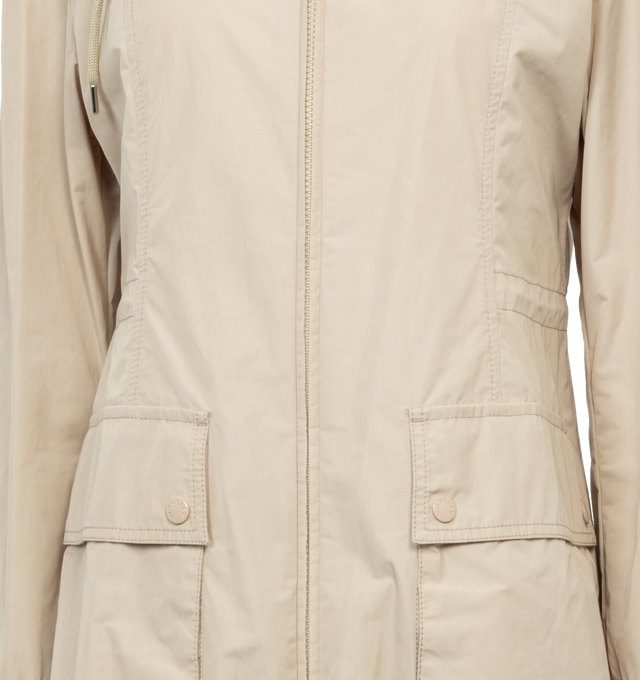Image 3 of 3 - NEUTRAL - MONCLER Laerte Long Parka featuring poplin technique, hood, zipper closure, patch pockets and waistband with drawstring fastening. 60% polyester, 40% cotton. Made in Moldova.  