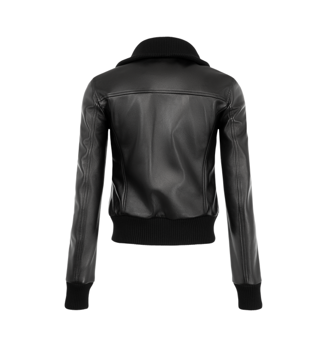 Image 2 of 3 - BLACK - Balenciaga Women's High-Collar Fitted Jacket is crafted from supple calf leather and features a sleek fitted silhouette with a signature high collar. Designed with rib-knit trim throughout, this streamlined jacket is detailed with zip-fastening chest pockets, a front zip closure, rib-knit cuffs and hem, and a debossed Balenciaga logo at the chest. Main Material: 100% Calf Leather. Trims: 100% Fabric. Collar: High Rib-Knit Collar. Made in Italy. 