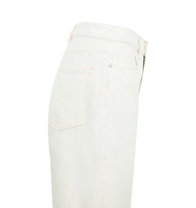 Image 3 of 3 - WHITE - RADH The Quinn Selvedge Jean featuring high waist, zipper and button closure, four-pocket detailing, signature triple belt loops at the back waist, slim fit and wide legs. 100% cotton. Made in USA.  