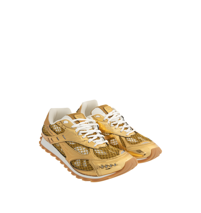 Image 2 of 5 - GOLD - BOTTEGA VENETA Sneakers featuring mechanical textile upper, rubber sole, lace-up front, padded collar and tongue with Bottega Venneta logo detail at tongue. Made in Italy. 