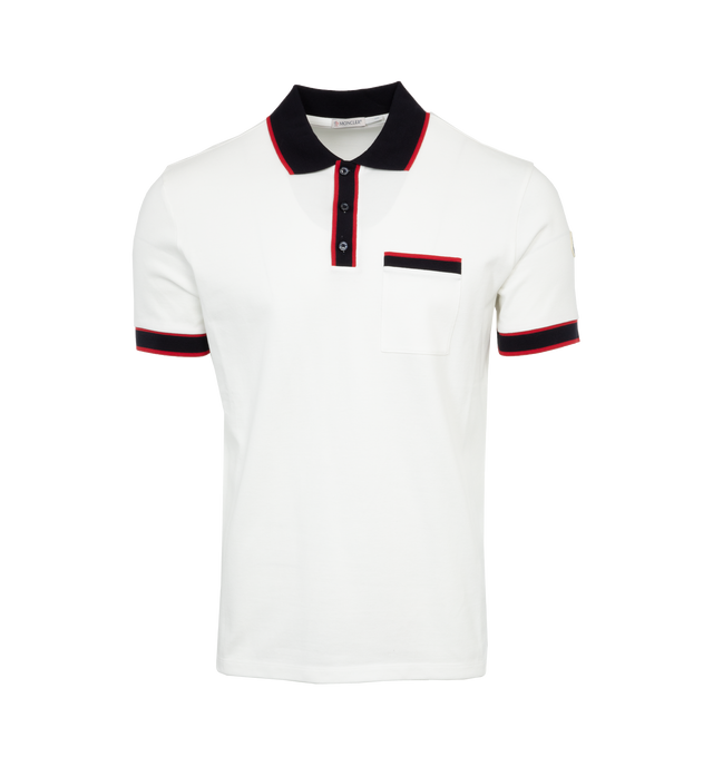 WHITE - MONCLER Polo Shirt featuring contrasting trim, chest pocket, polo collar, front button placket, short sleeves and straight hem. 100% cotton.